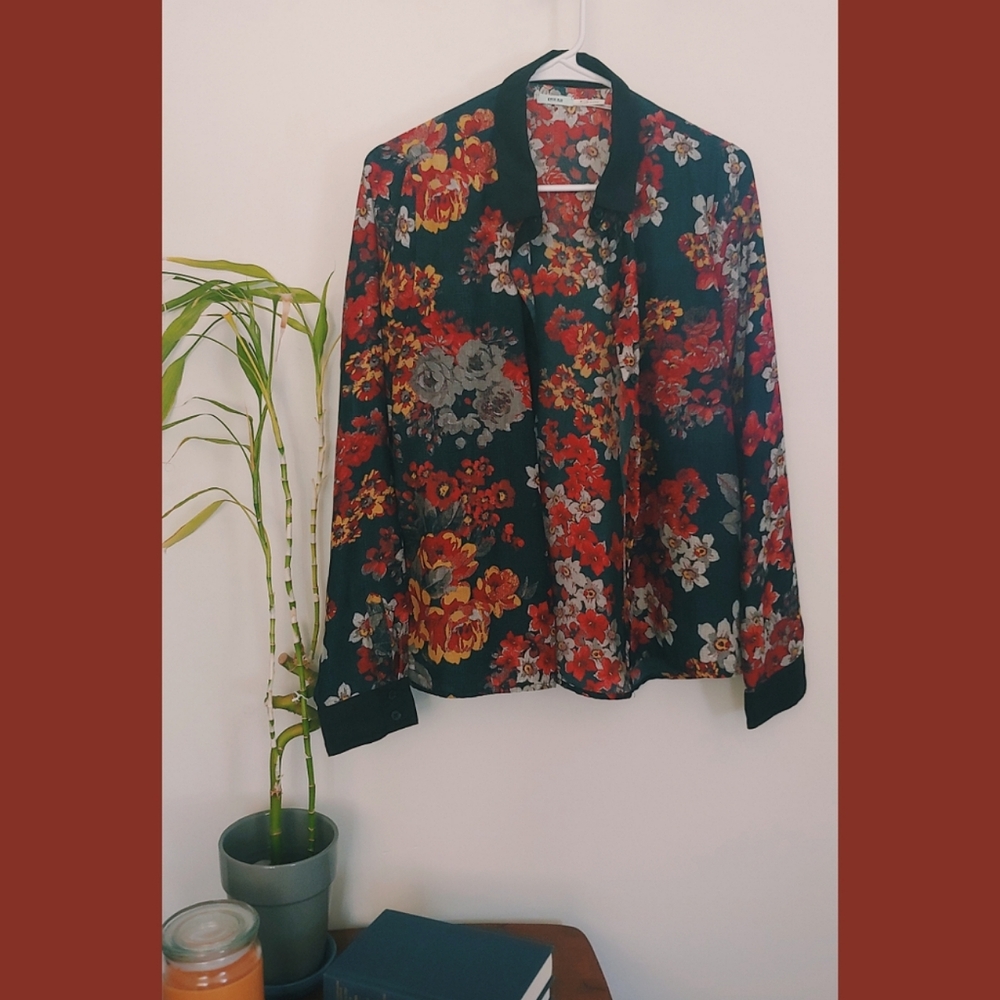 UO Sheer Red&Yellow Floral Blouse Kimchi Blue